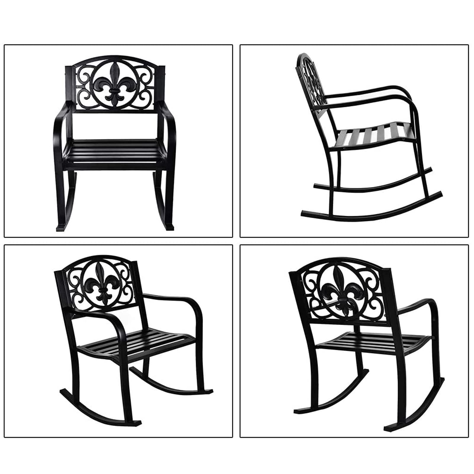 LEISU Outdoor Patio Rocking Chair, Metal Rocking Seat Scroll Design Rocker Armchair for Indoor, Deck, Backyard, Garden (2, Black)