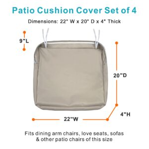 NettyPro Outdoor Cushion Slipcovers Waterproof 4 Pack Patio Chair Seat Cushion Covers with Zipper and Tie, 22 x 20 x 4 Inch, Replacement Cover Only, Khaki