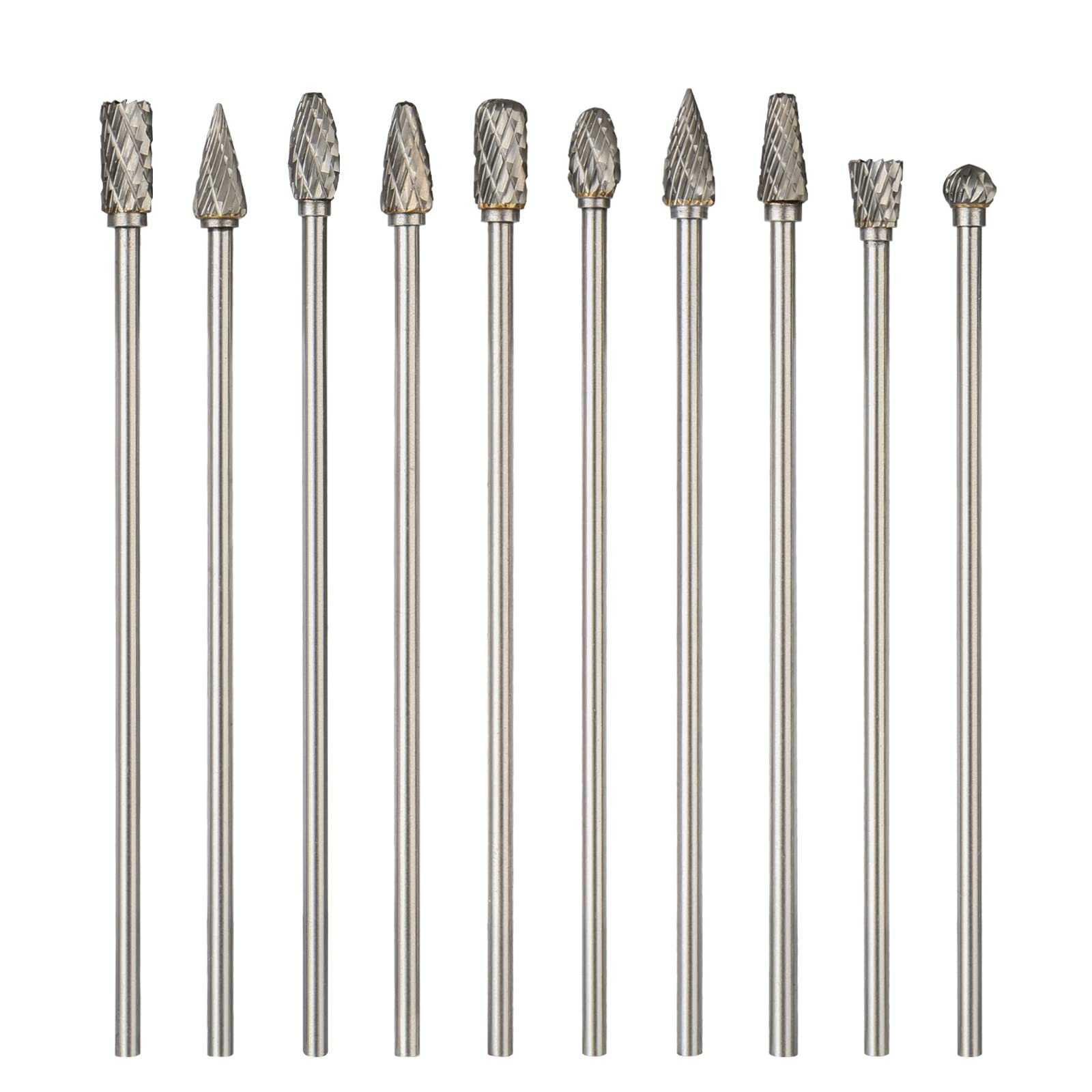 Long Carbide Rotary Burr Set Compatible with Dremel, 10Pcs Double Cut 1/8" Shank 1/4" Head 100MM Length Tungsten Steel Carving Burr Bits for Drilling, Woodworking, Steel Metal Polishing, Engraving