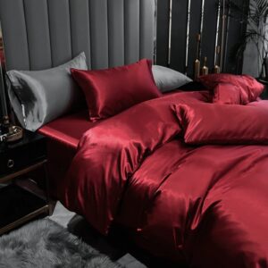 Satin Bedding Set Queen Wine Red Silk Like Satin Duvet Cover Set Luxury Soft Burgundy Comforter Cover Adults Bedroom Decor Chic Luxurious Silky Bedspread Cover Zipper (1 Duvet Cover + 2 Pillow Case)