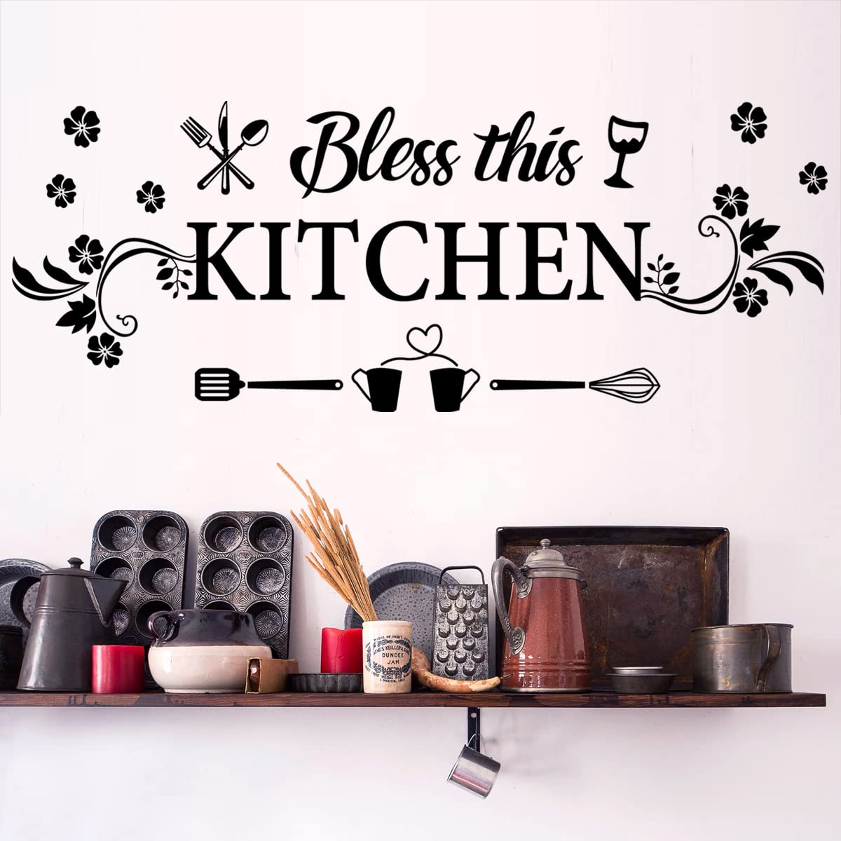 Kitchen Wall Decor Sticker Kitchen Quotes Bless This Kitchen Wall Decals Flower Art Removable DIY Vinyl Wall Stickers for Kitchen Dining Baking Room Bar Restaurant Home Decor.