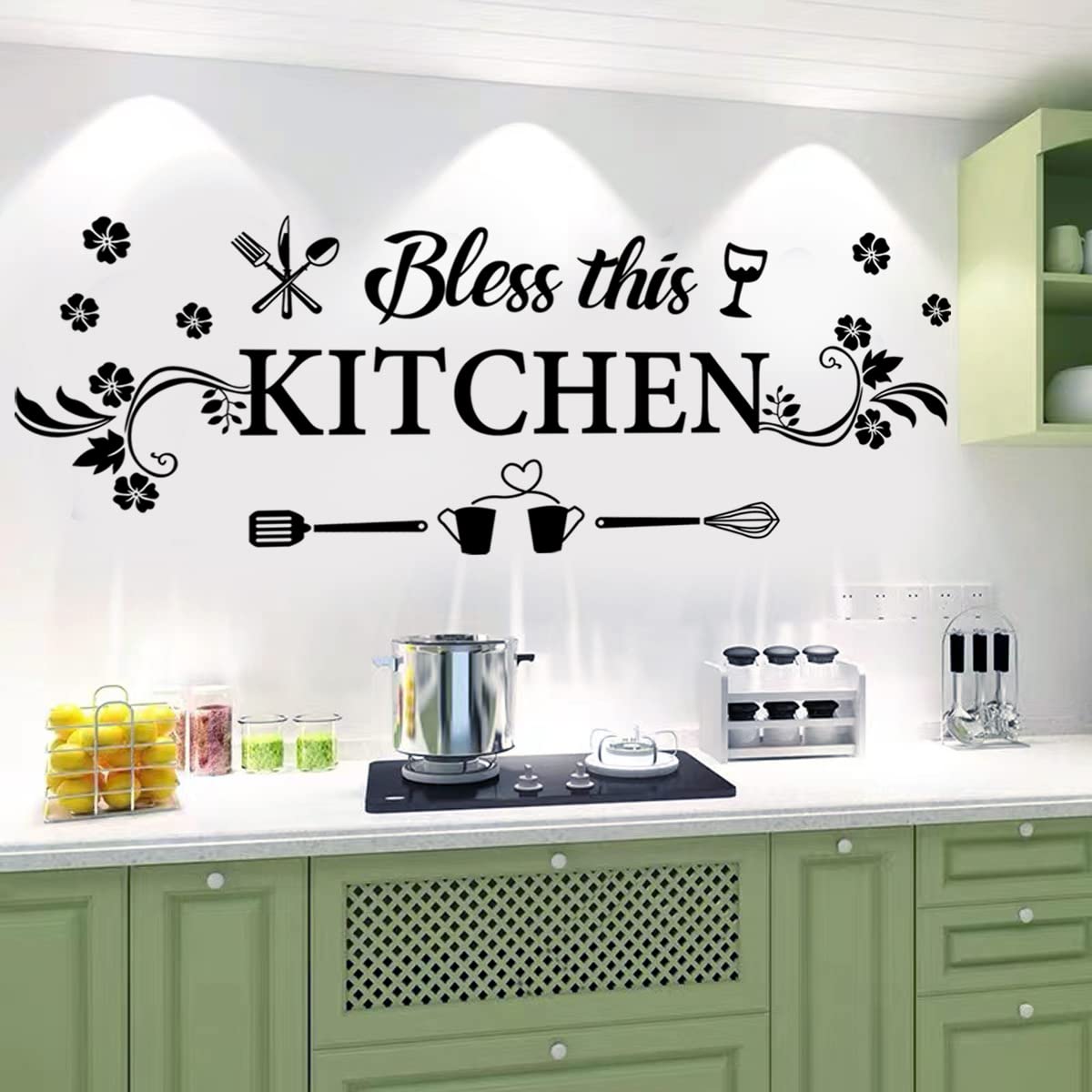 Kitchen Wall Decor Sticker Kitchen Quotes Bless This Kitchen Wall Decals Flower Art Removable DIY Vinyl Wall Stickers for Kitchen Dining Baking Room Bar Restaurant Home Decor.