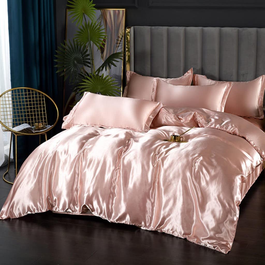 Light Pink Silk Like Satin Bedding Set Full Women Girls Duvet Cover Set Luxury Soft Comforter Cover Adults Bedroom Decor Chic Luxurious Silky Bedspread Cover Zipper (1 Duvet Cover + 2 Pillow Case)