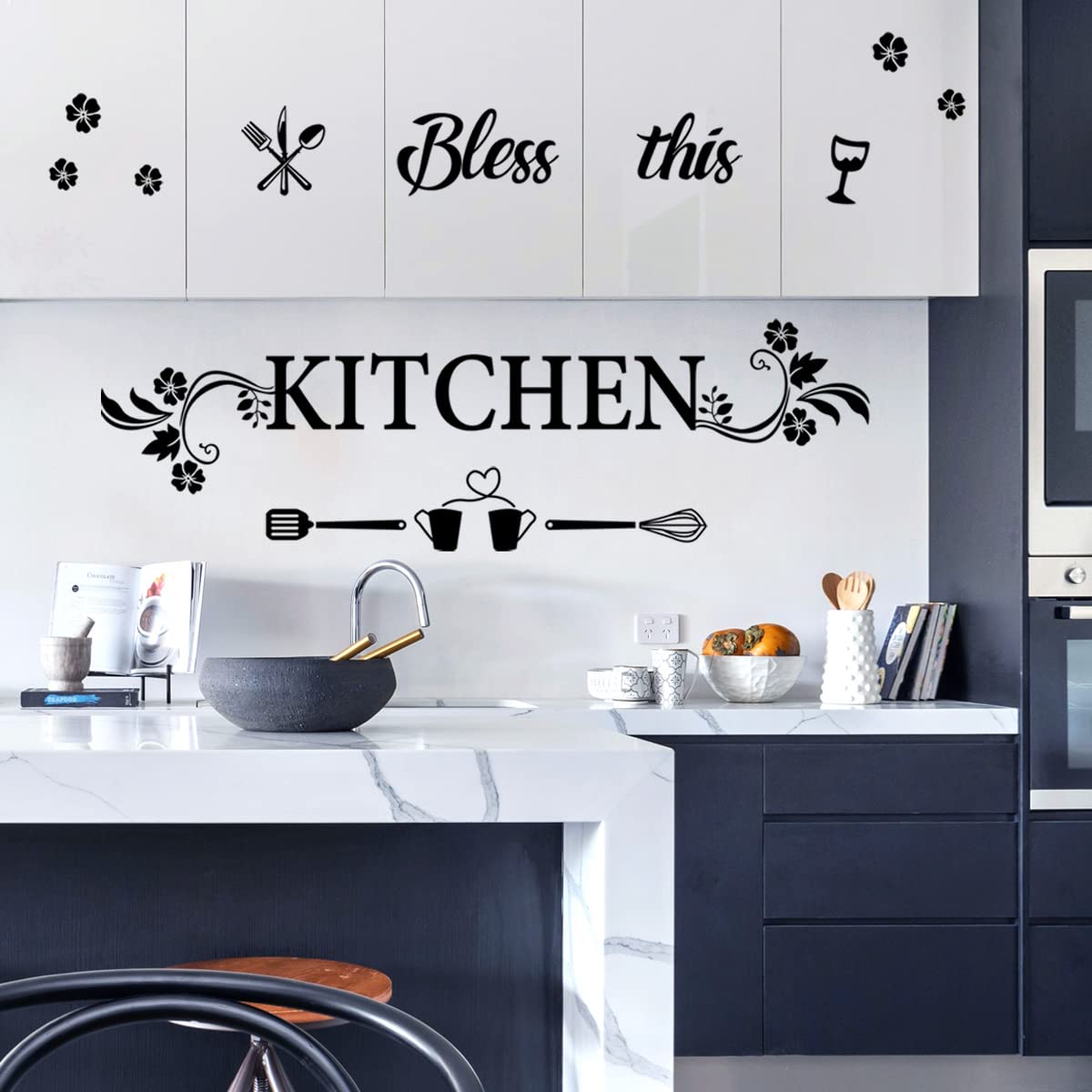 Kitchen Wall Decor Sticker Kitchen Quotes Bless This Kitchen Wall Decals Flower Art Removable DIY Vinyl Wall Stickers for Kitchen Dining Baking Room Bar Restaurant Home Decor.