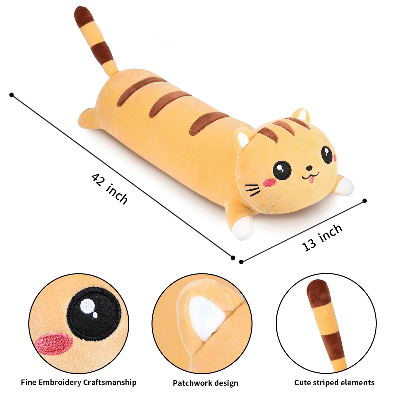 AFAN Cute Long Cat Plush Kawaii 42" Body Pillow Cat Stuffed Animals Soft Plushies Cuddly Cotton Kitten Sleeping Pillow Stuffed Plush Doll Toy Gift for Kids Girlfriend (Yellow)