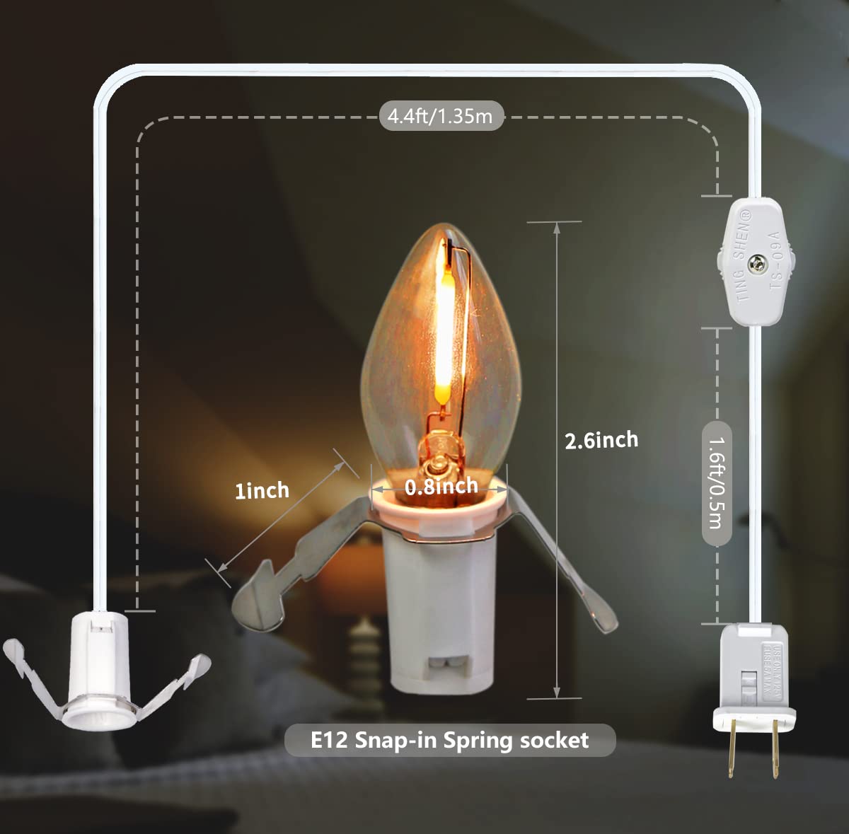 MEILUX Accessory Cord with LED Night Lights - White Cord with On/Off Switch, Warm White C7 Bulbs and Spare Fuse for Holiday and Home Decoration