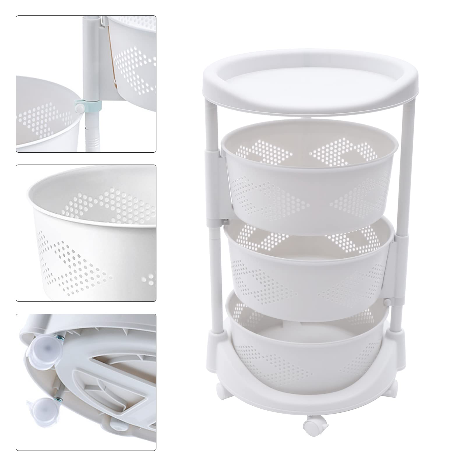 DYRABREST White Kitchen Storage Rack,3 Tier Rotating Vegetable Organizer with Lockable Casters,Floor-Standing Storage Rack,Household Storage Rack for Home Kitchen Bathroom Salon,White (3-Tier)