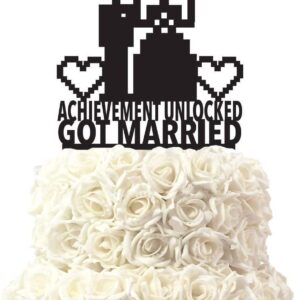 For Gamers Achievement Unlocked Wedding Cake Toppers Mr Mrs Got Married Cake Topper with Bride and Groom Couple Silhouette for Wedding Decoration Gifts