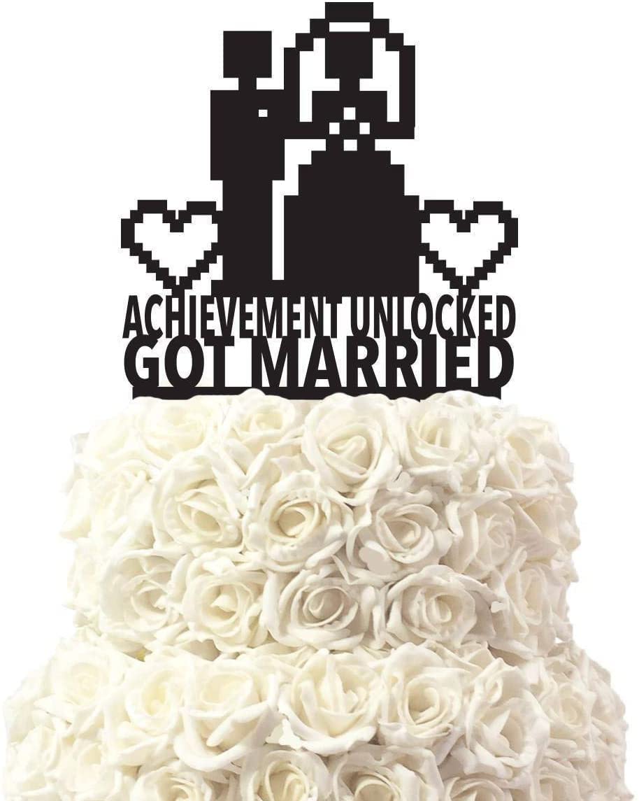 For Gamers Achievement Unlocked Wedding Cake Toppers Mr Mrs Got Married Cake Topper with Bride and Groom Couple Silhouette for Wedding Decoration Gifts