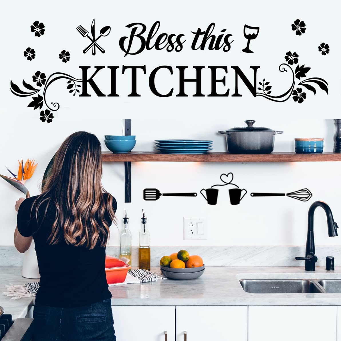 Kitchen Wall Decor Sticker Kitchen Quotes Bless This Kitchen Wall Decals Flower Art Removable DIY Vinyl Wall Stickers for Kitchen Dining Baking Room Bar Restaurant Home Decor.