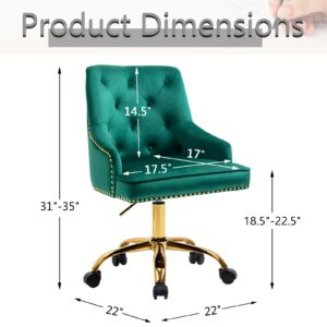 MOJAY Modern Mid-Back Tufted Office Chair, Swivel Height-Adjustable Accent Home Desk Chair,Cute Velvet Soft Seat Vanity Chair with Rivet and Arm Support (Green)