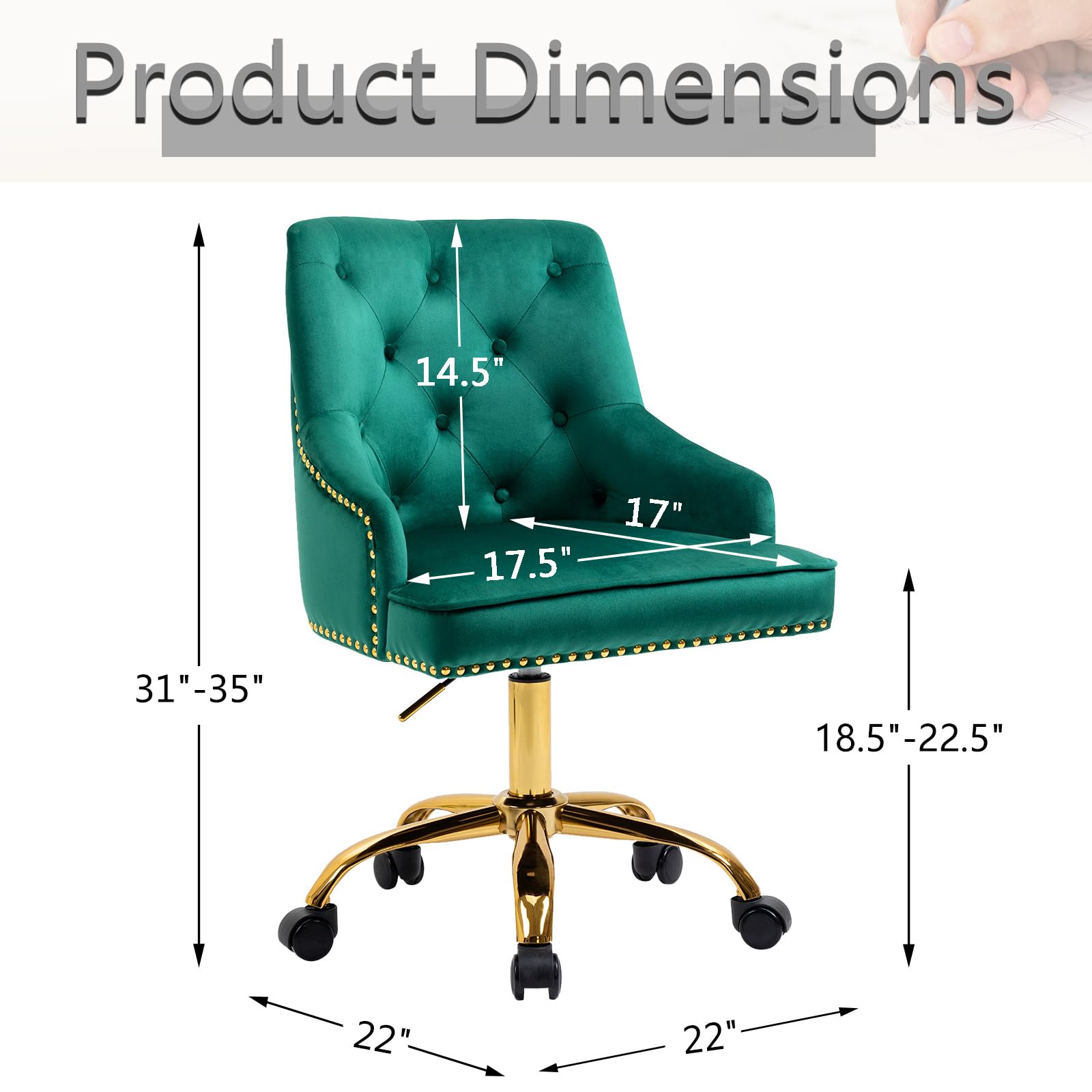 MOJAY Modern Mid-Back Tufted Office Chair, Swivel Height-Adjustable Accent Home Desk Chair,Cute Velvet Soft Seat Vanity Chair with Rivet and Arm Support (Green)