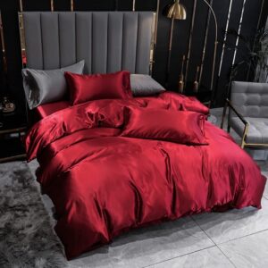 Satin Bedding Set Queen Wine Red Silk Like Satin Duvet Cover Set Luxury Soft Burgundy Comforter Cover Adults Bedroom Decor Chic Luxurious Silky Bedspread Cover Zipper (1 Duvet Cover + 2 Pillow Case)