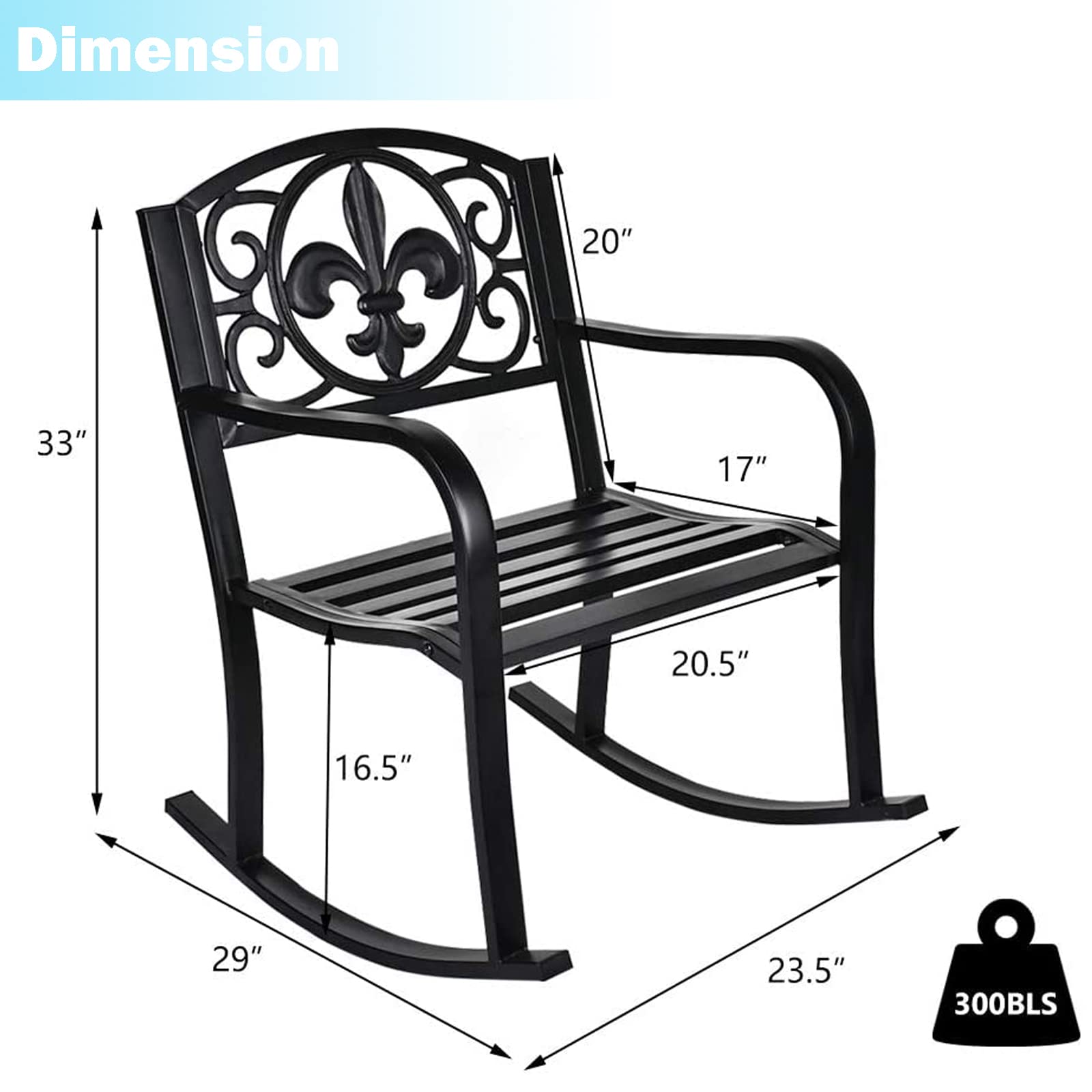 LEISU Outdoor Patio Rocking Chair, Metal Rocking Seat Scroll Design Rocker Armchair for Indoor, Deck, Backyard, Garden (2, Black)