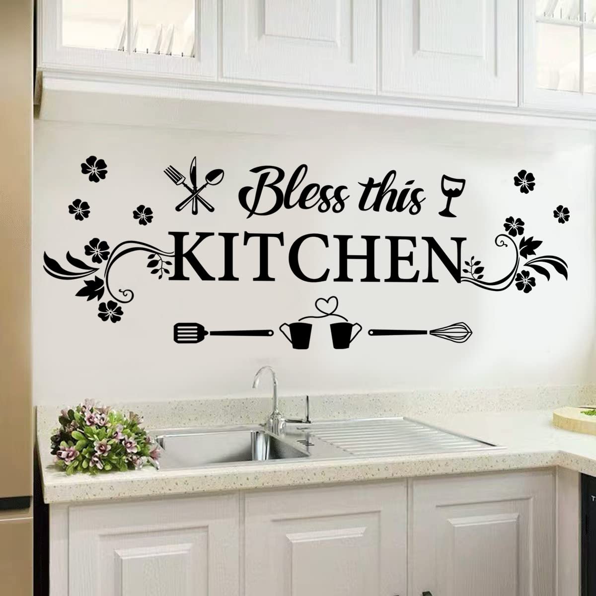 Kitchen Wall Decor Sticker Kitchen Quotes Bless This Kitchen Wall Decals Flower Art Removable DIY Vinyl Wall Stickers for Kitchen Dining Baking Room Bar Restaurant Home Decor.