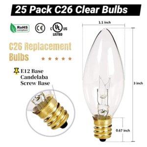 Supernoor 25 Pack Clear Torpedo Tip Replacement Bulbs,7 Watts Replacement Light Bulbs C26 Window Candle Bulbs,Electric Candle Light Bulbs,Chandeliers Clear Incandescent E12 Candelabra Base 120V Bulbs