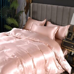 Light Pink Silk Like Satin Bedding Set Full Women Girls Duvet Cover Set Luxury Soft Comforter Cover Adults Bedroom Decor Chic Luxurious Silky Bedspread Cover Zipper (1 Duvet Cover + 2 Pillow Case)