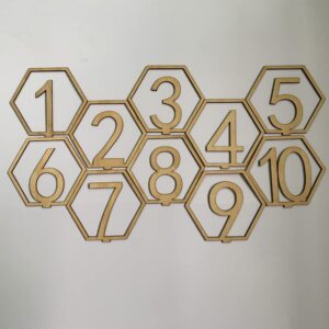 esowemsn 10pcs Wooden Table Numbers 1-10 Hexagon Shape Wedding Table Numbers with Holder Base DIY Floral Table Number Sign Stand for Wedding Party Event Catering Decoration