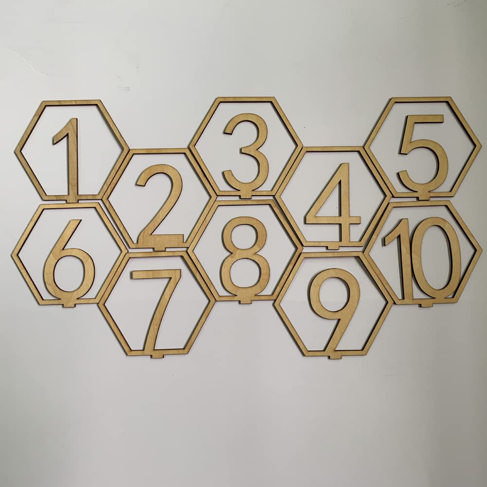 esowemsn 10pcs Wooden Table Numbers 1-10 Hexagon Shape Wedding Table Numbers with Holder Base DIY Floral Table Number Sign Stand for Wedding Party Event Catering Decoration