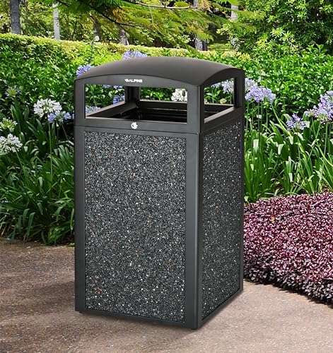 Alpine Indoor & Outdoor Commercial Trash Can with Lid - 40 Gallon Heavy Duty Metal Garbage Can with Removable Bin, Locking Lid for a Modern Look in Patio, Pool, Deck, Office Black, Grey Stone Panels