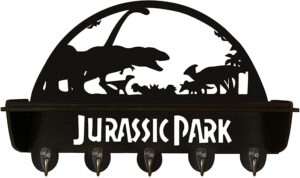 dinosaur theme park world ，hat rack key hook coat hook towel holder, with 5 metal hooks, clothes hook, kitchen shelf, wooden storage shelf,black,16 inch, 11 lbs