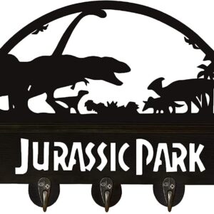 Dinosaur Theme Park World ，Hat Rack Key Hook Coat Hook Towel Holder, with 5 Metal Hooks, Clothes Hook, Kitchen Shelf, Wooden Storage Shelf,Black,16 Inch, 11 Lbs