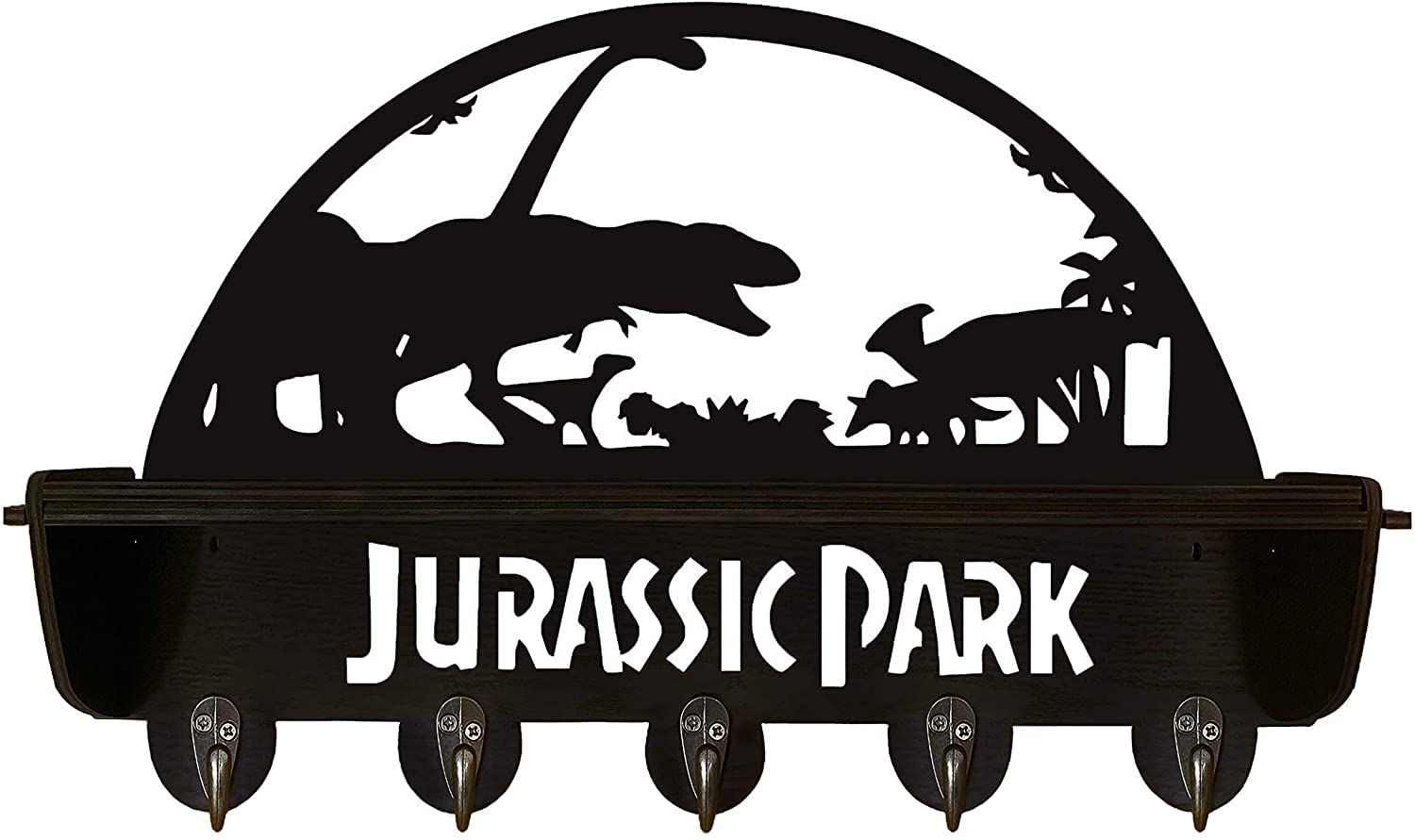 Dinosaur Theme Park World ，Hat Rack Key Hook Coat Hook Towel Holder, with 5 Metal Hooks, Clothes Hook, Kitchen Shelf, Wooden Storage Shelf,Black,16 Inch, 11 Lbs