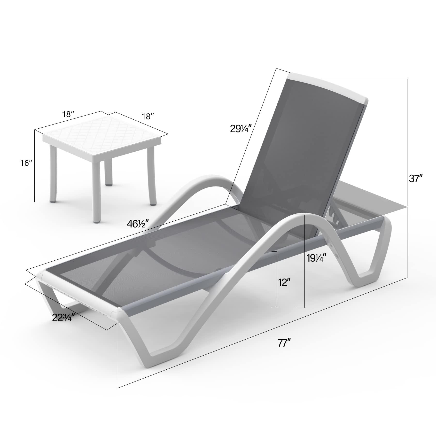 Domi Patio Chaise Lounge Chair Set of 3,Outdoor Aluminum Polypropylene Sunbathing Chair with Adjustable Backrest,Arm,Side Table,for Beach,Yard,Balcony,Poolside(2 Gray Chairs W/Table)