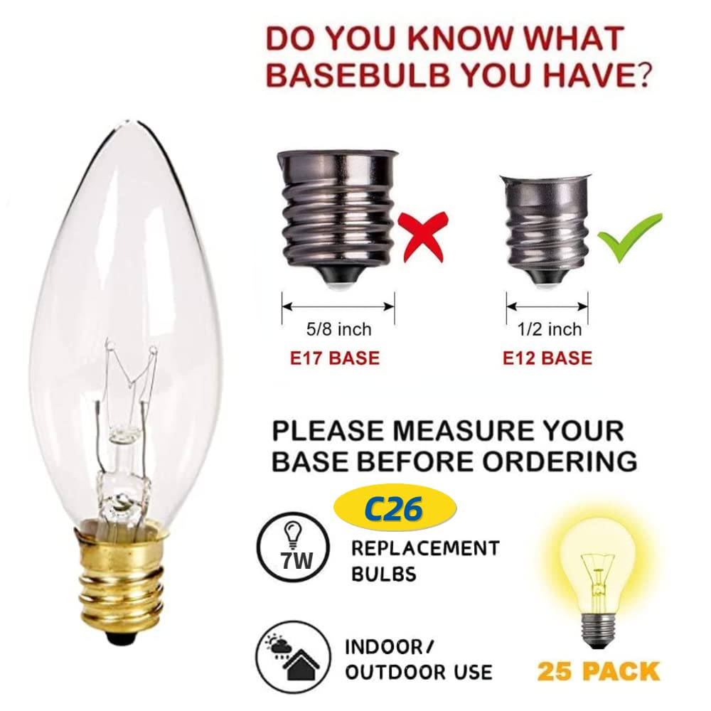 Supernoor 25 Pack Clear Torpedo Tip Replacement Bulbs,7 Watts Replacement Light Bulbs C26 Window Candle Bulbs,Electric Candle Light Bulbs,Chandeliers Clear Incandescent E12 Candelabra Base 120V Bulbs