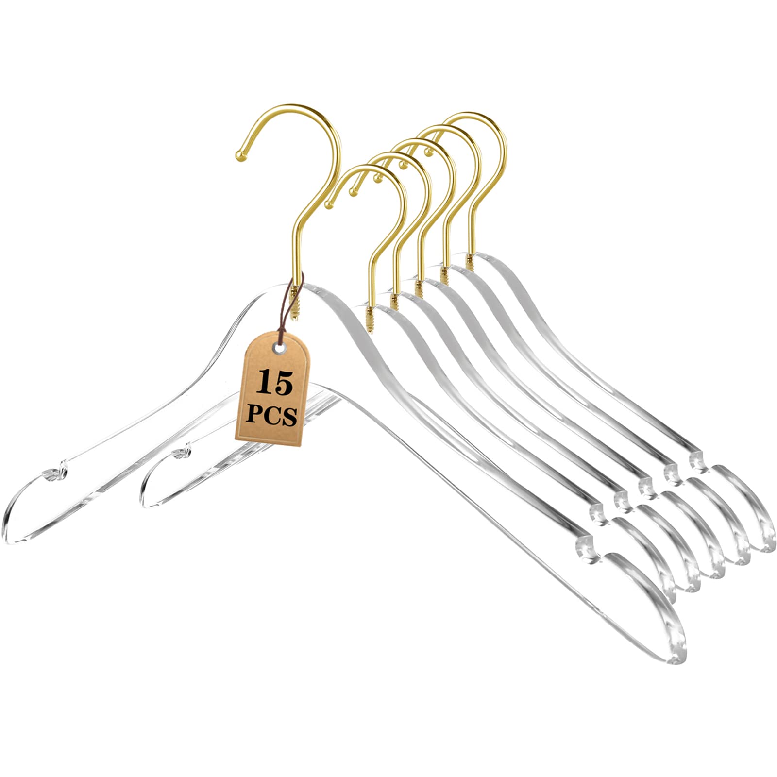 Besser 15 Pack Acrylic Hangers with Gold,Acrylic Clear Hangers,Premium Crystal Dress Hangers Swivel Gold Hook Luxurious Shiny Clothes Hangers(Clear-Style B)