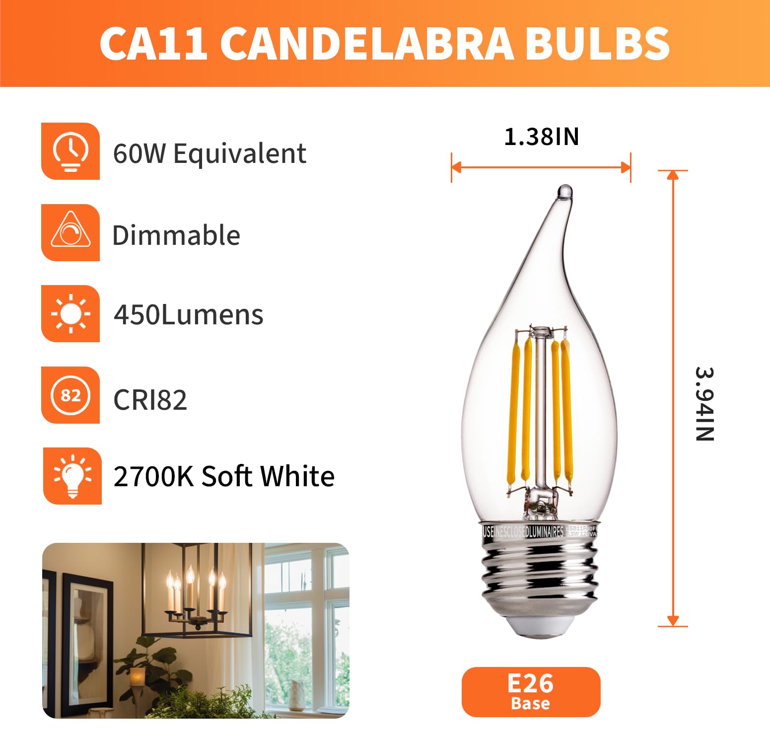 ALAMPEVER Dimmable 6-Pack CA11 Candelabra LED Light Bulb, 4.5W (60W Equivlant) LED Chandelier Light Bulb, E26 Medium Base, 2700K Soft White, 450LM, CRI82