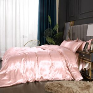 Light Pink Silk Like Satin Bedding Set Full Women Girls Duvet Cover Set Luxury Soft Comforter Cover Adults Bedroom Decor Chic Luxurious Silky Bedspread Cover Zipper (1 Duvet Cover + 2 Pillow Case)