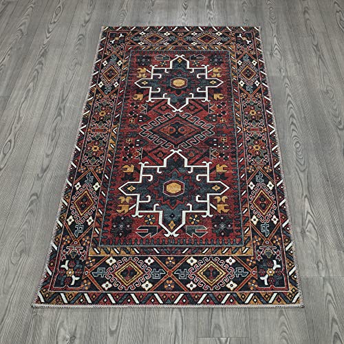 Ottomanson Machine Washable Wrinkle Free Oriental Design Cotton 3x6 Traditional Flatweave Area Rug for Living Room, Bedroom, Kitchen, Bathroom, 2'7'' x 6', Red