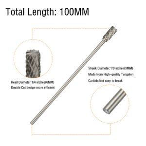 Long Carbide Rotary Burr Set Compatible with Dremel, 10Pcs Double Cut 1/8" Shank 1/4" Head 100MM Length Tungsten Steel Carving Burr Bits for Drilling, Woodworking, Steel Metal Polishing, Engraving