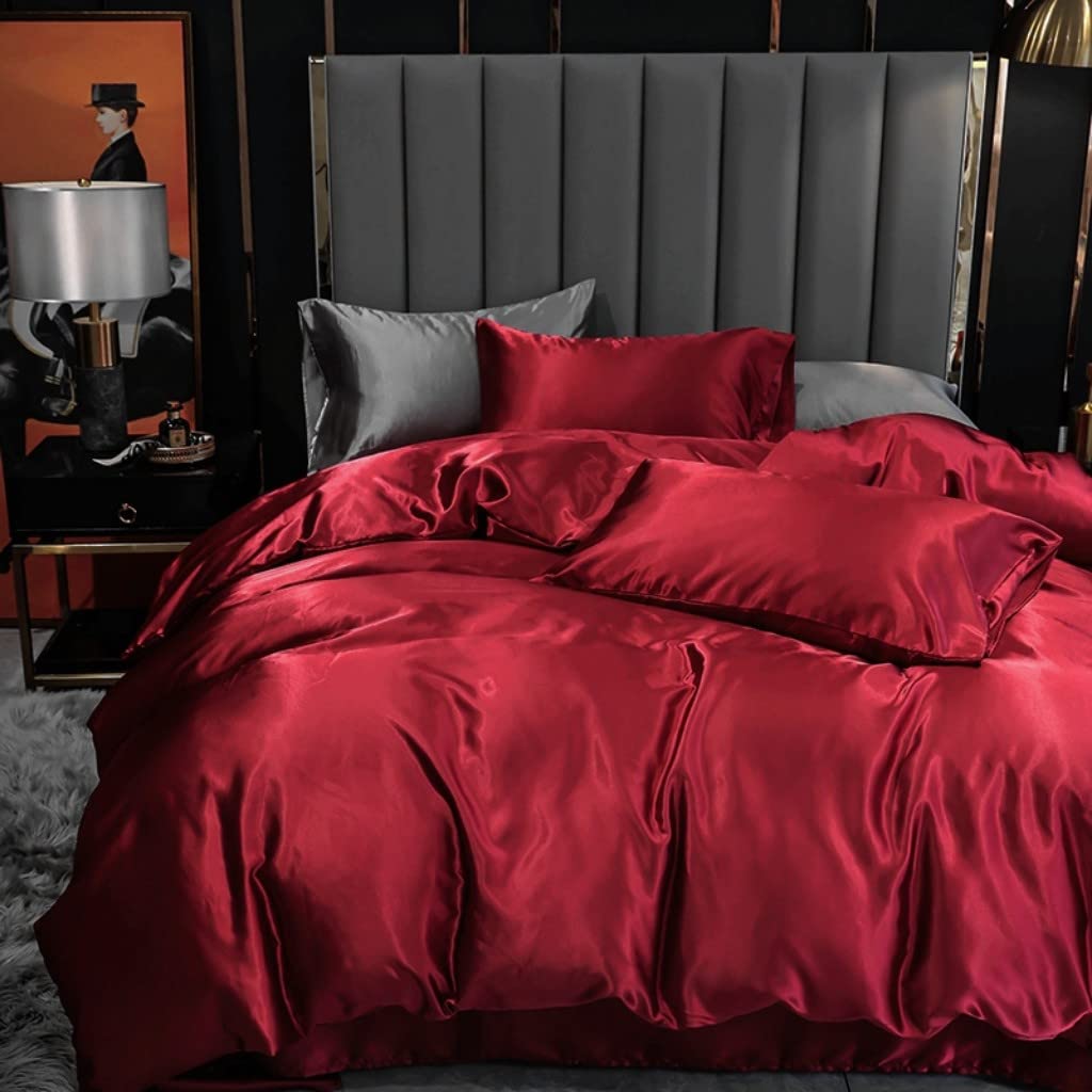 Satin Bedding Set Queen Wine Red Silk Like Satin Duvet Cover Set Luxury Soft Burgundy Comforter Cover Adults Bedroom Decor Chic Luxurious Silky Bedspread Cover Zipper (1 Duvet Cover + 2 Pillow Case)