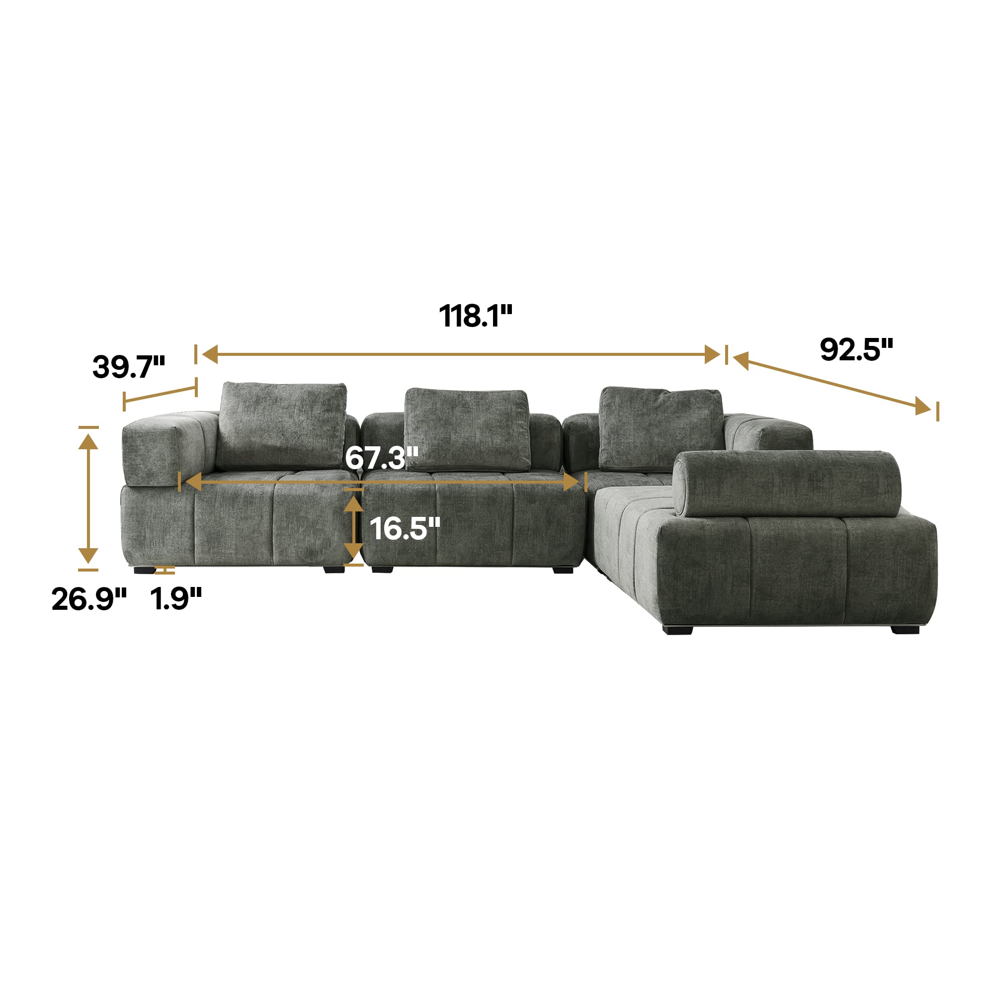 Acanva Convertible Modular Sectional Sofa, Modern L-Shaped Couch for Living Room and Lounge with Removable Ottoman Flannel Upholstered, 4 Piece Set, Grey