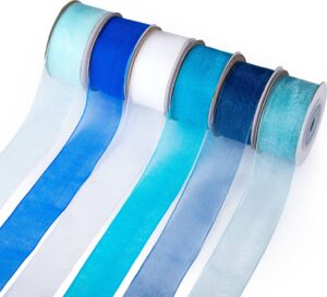 sofire 6 roll 1 inch wide blue organza ribbon christmas ribbon sheer chiffon ribbon for gift wrapping(blue)