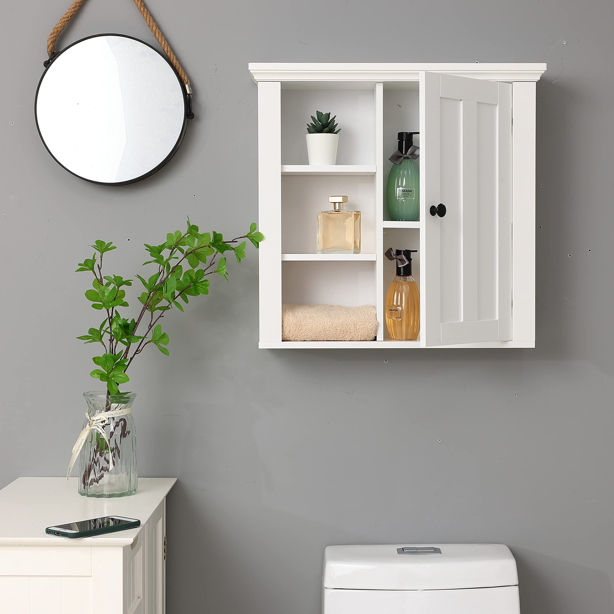 LuxenHome Medicine Storage Cabinet for Bathroom, White, 21" Above/Over The Toilet Wall Mounted with 1 Door and Adjustable Shelves