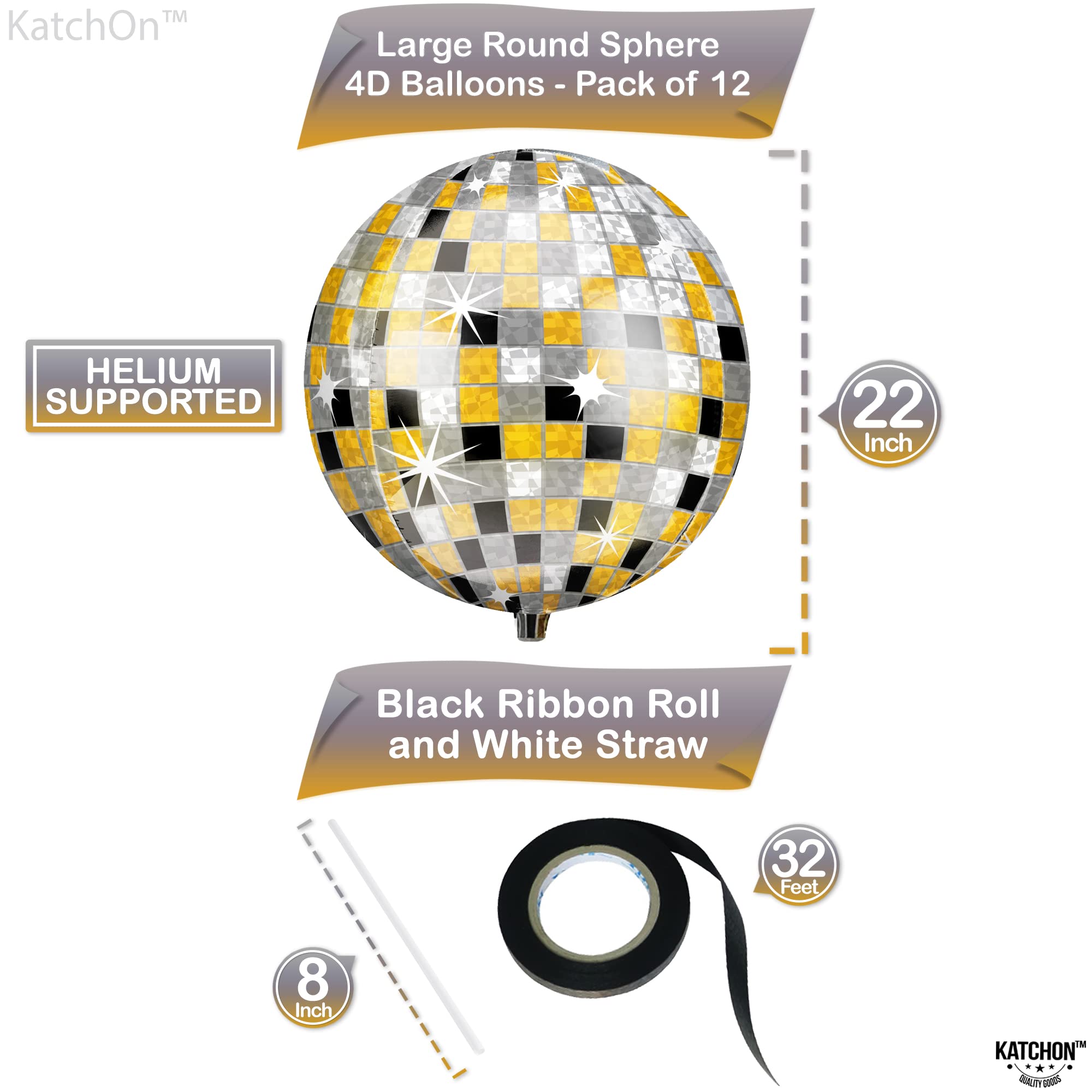 KatchOn, Huge Disco Ball Balloons -22 Inch, Pack of 12 | Black And Gold Disco Balloons for Disco Party Decorations | 360 Degree 4D Sphere Disco Balloons | Graduation Decorations Class of 2024