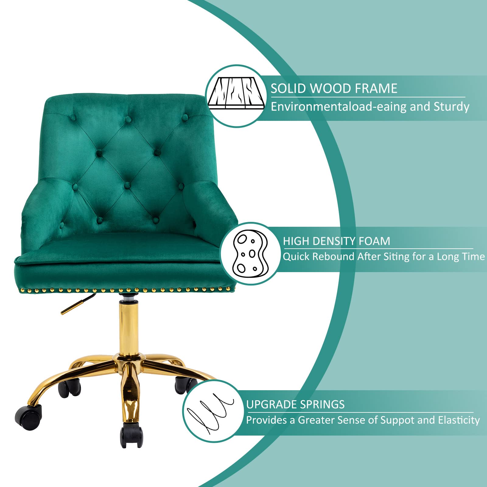 MOJAY Modern Mid-Back Tufted Office Chair, Swivel Height-Adjustable Accent Home Desk Chair,Cute Velvet Soft Seat Vanity Chair with Rivet and Arm Support (Green)