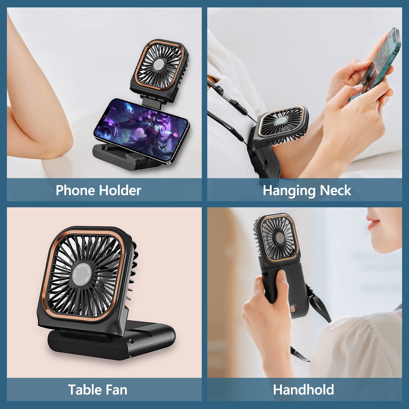 Allxin Portable Neck Fan Mini Quiet Handheld Personal Foldable USB Rechargeable Fan Operated for Home Office Outdoor Travel, 3000mAh Power Bank Hands Free Necklace Fans (Update Black)