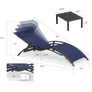 PURPLE LEAF Patio Chaise Lounge Chair Set with 2 Side Table Outdoor Pool Adjustable Recliner Chairs for Outside Beach Poolside Sunbathing Tanning Lounger