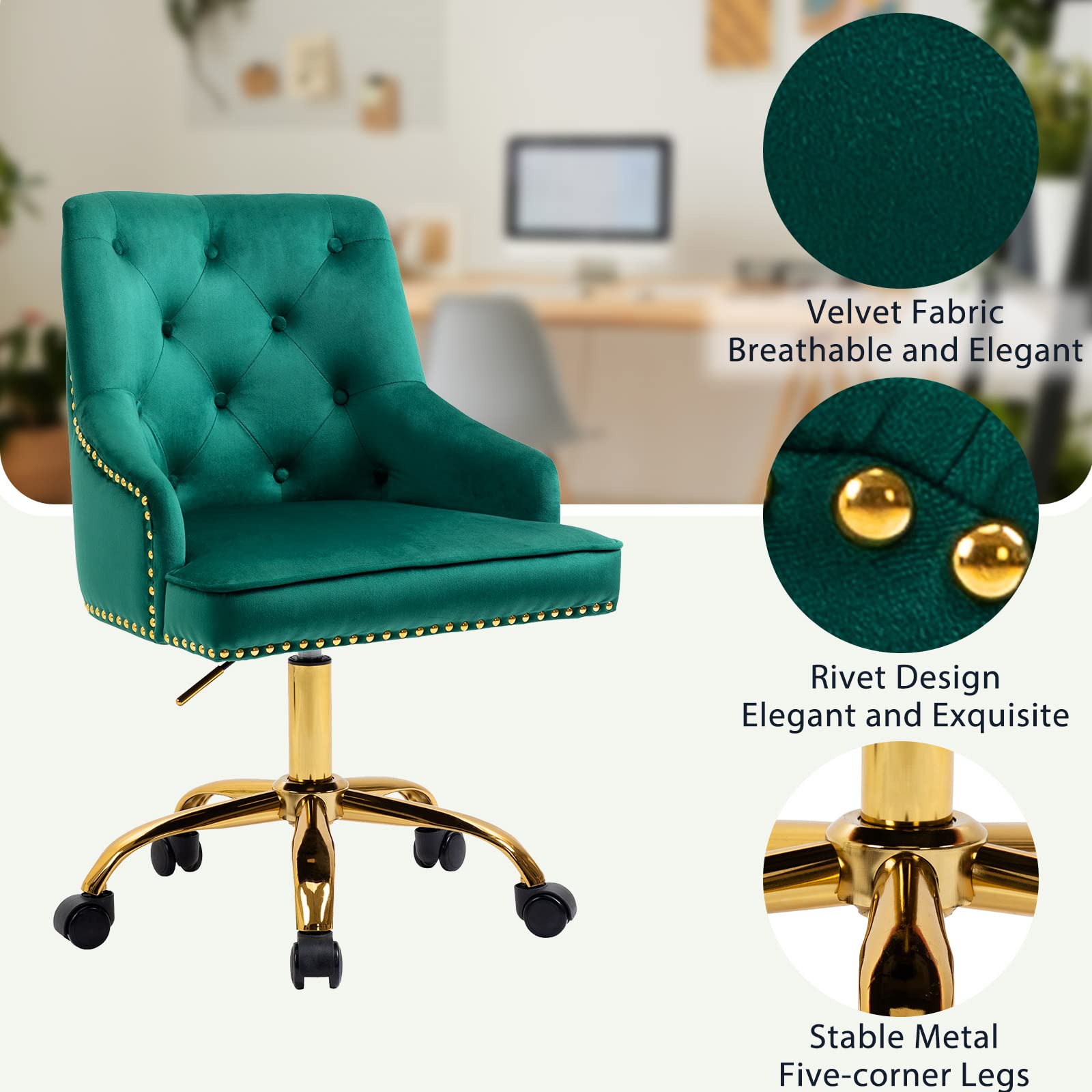 MOJAY Modern Mid-Back Tufted Office Chair, Swivel Height-Adjustable Accent Home Desk Chair,Cute Velvet Soft Seat Vanity Chair with Rivet and Arm Support (Green)