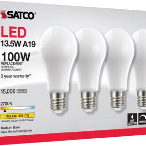 Satco S12440 A19 LED 4-Bulb Value Pack, 100W Replacement, 2700K, White