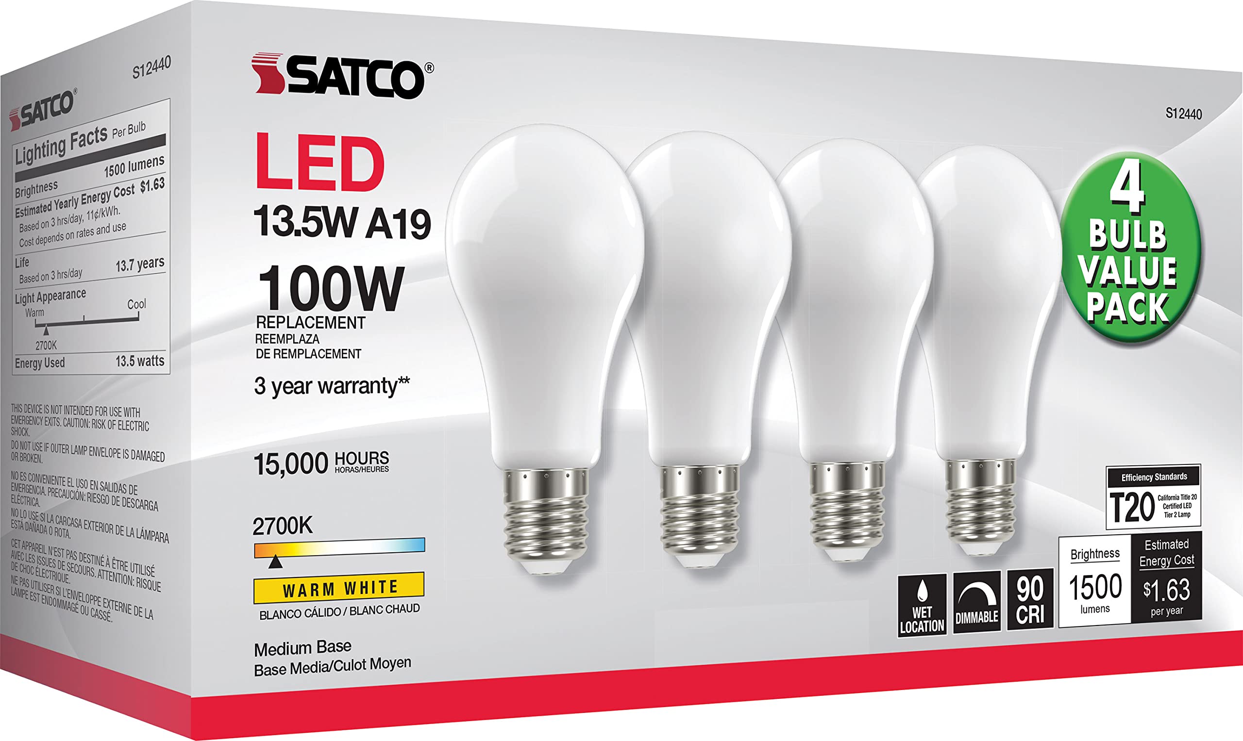 Satco S12440 A19 LED 4-Bulb Value Pack, 100W Replacement, 2700K, White