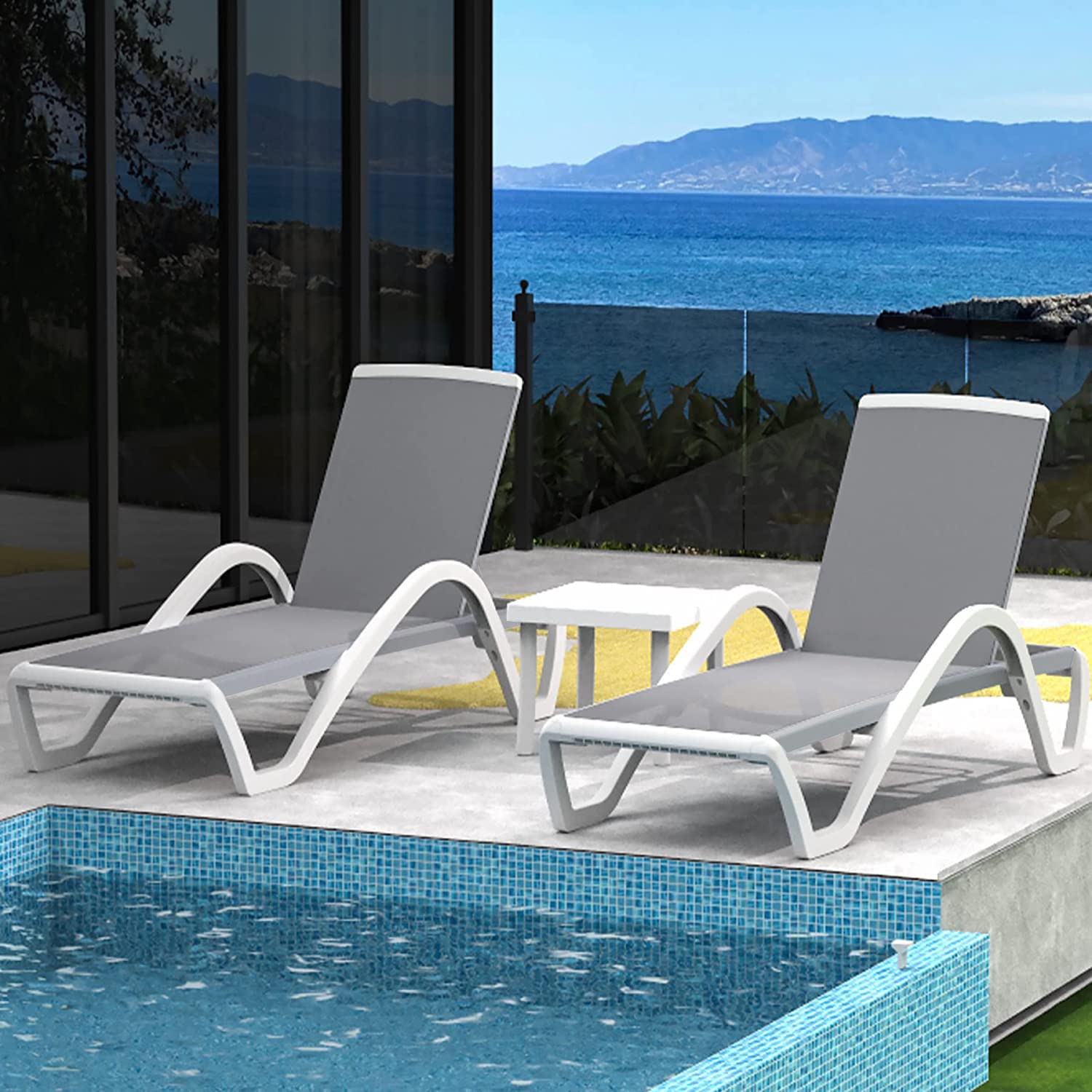 Domi Patio Chaise Lounge Chair Set of 3,Outdoor Aluminum Polypropylene Sunbathing Chair with Adjustable Backrest,Arm,Side Table,for Beach,Yard,Balcony,Poolside(2 Gray Chairs W/Table)