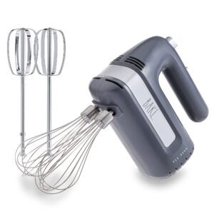 electric hand mixer, handheld mixers for kitchen, with beaters and whisk attachments for cooking and baking, lightweight handmixer labeled "bake" by rae dunn (grey)