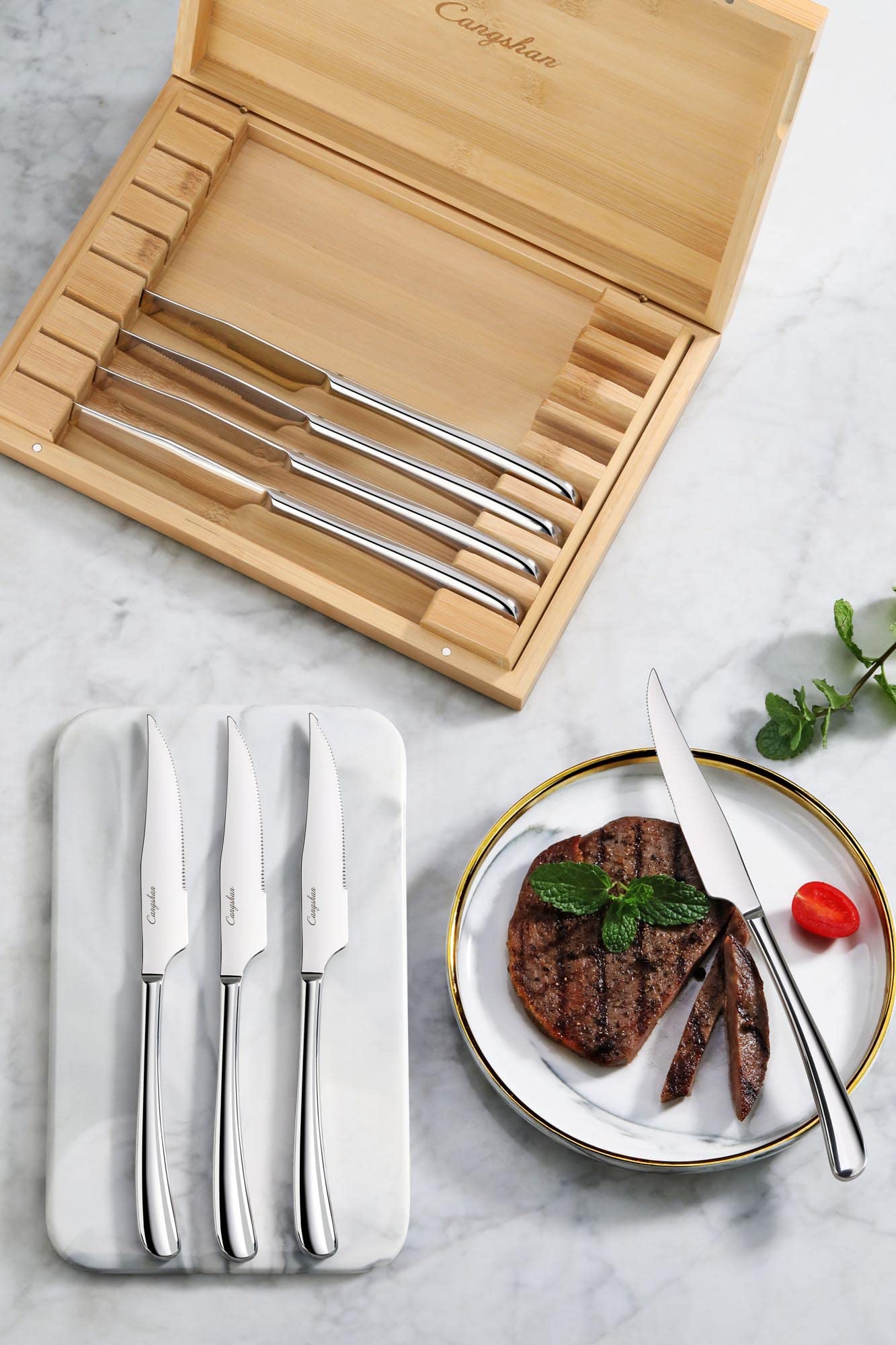 Cangshan 1027044 Rain II Series 8-Piece 420 Stainless Steel Forged Steak Knife Set in Bamboo Storage Chest