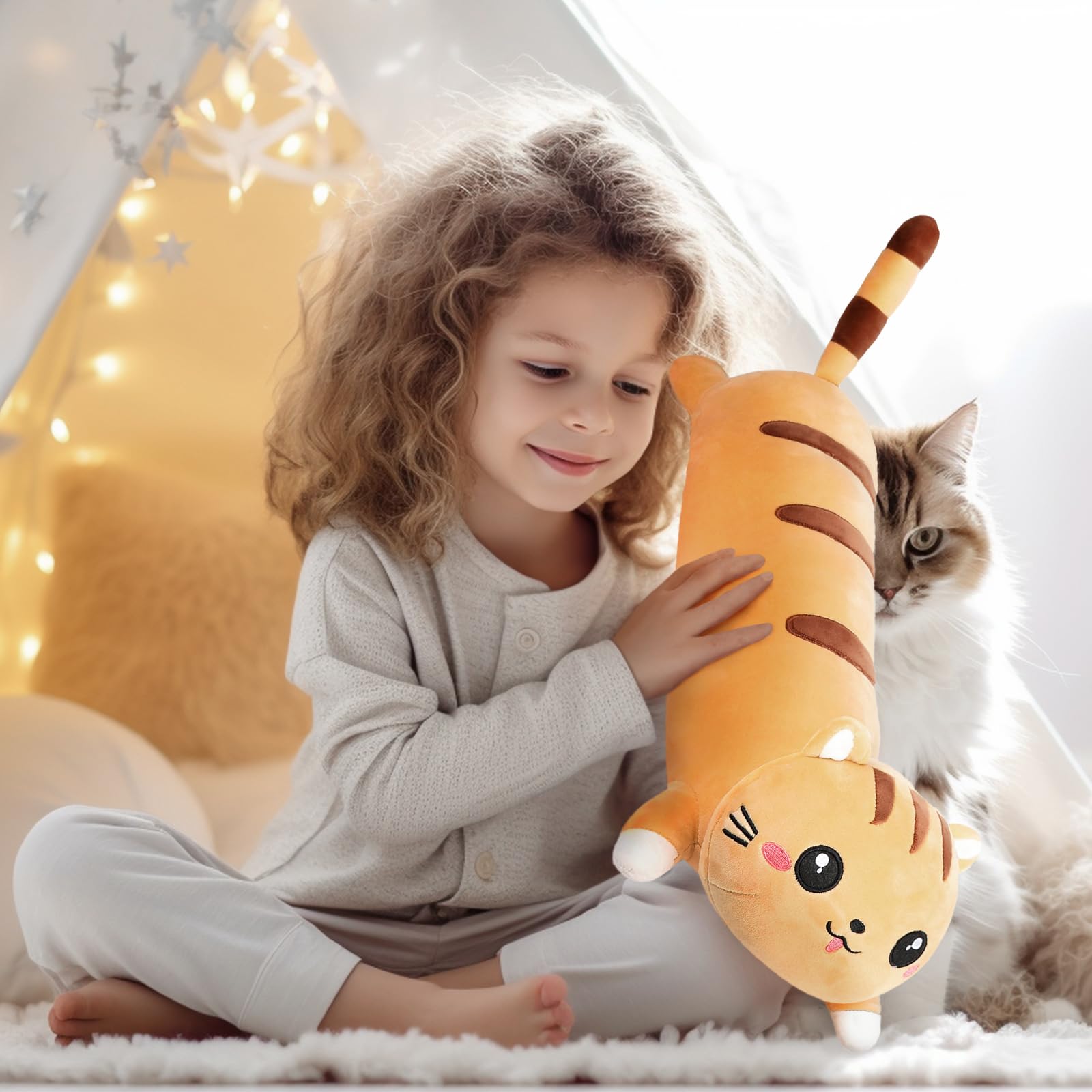 AFAN Cute Long Cat Plush Kawaii 42" Body Pillow Cat Stuffed Animals Soft Plushies Cuddly Cotton Kitten Sleeping Pillow Stuffed Plush Doll Toy Gift for Kids Girlfriend (Yellow)