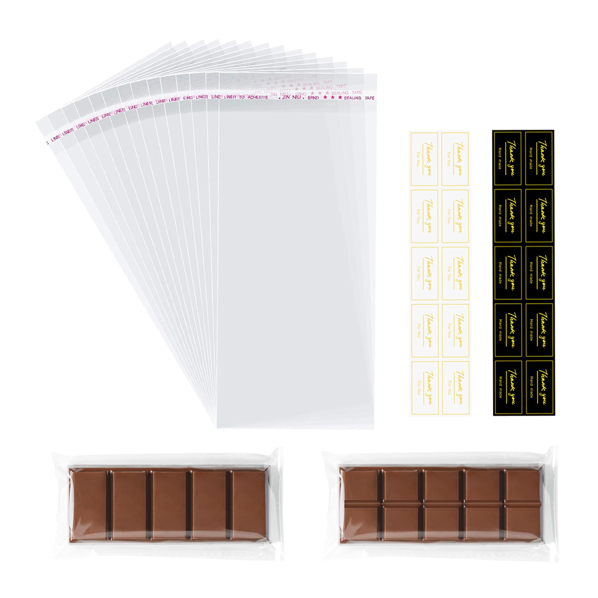 Fimary 100 Pcs Knafeh Pistachio Chocolate Bar Wrappers with 100 Pcs Thank You stickers - 2.5 x 7.1 inch Candy Bar Packaging- Self Adhesive Small Plastic Wax Melt Snap Bar Bags